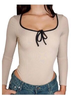 SHEIN Beige Ribbed Scoop-Neck Bodysuit with Black Tie Trim